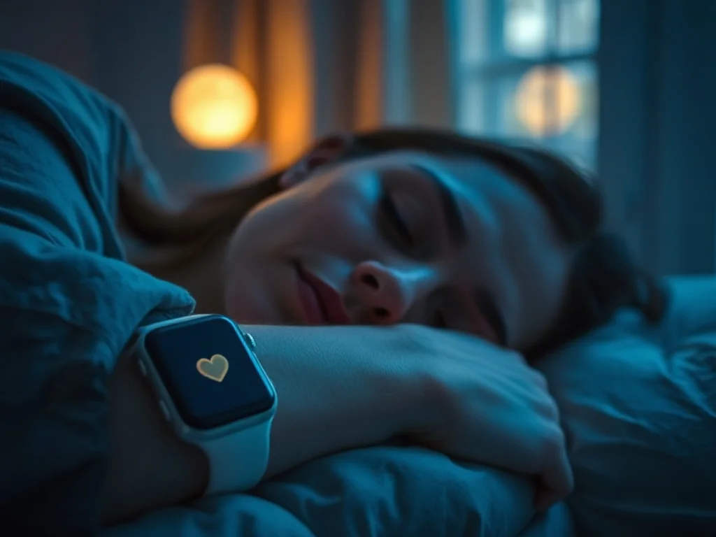 Śpiąca kobieta z nowoczesnym smartwatchem na nadgarstku, monitorującym tętno podczas nocnego wypoczynku.
