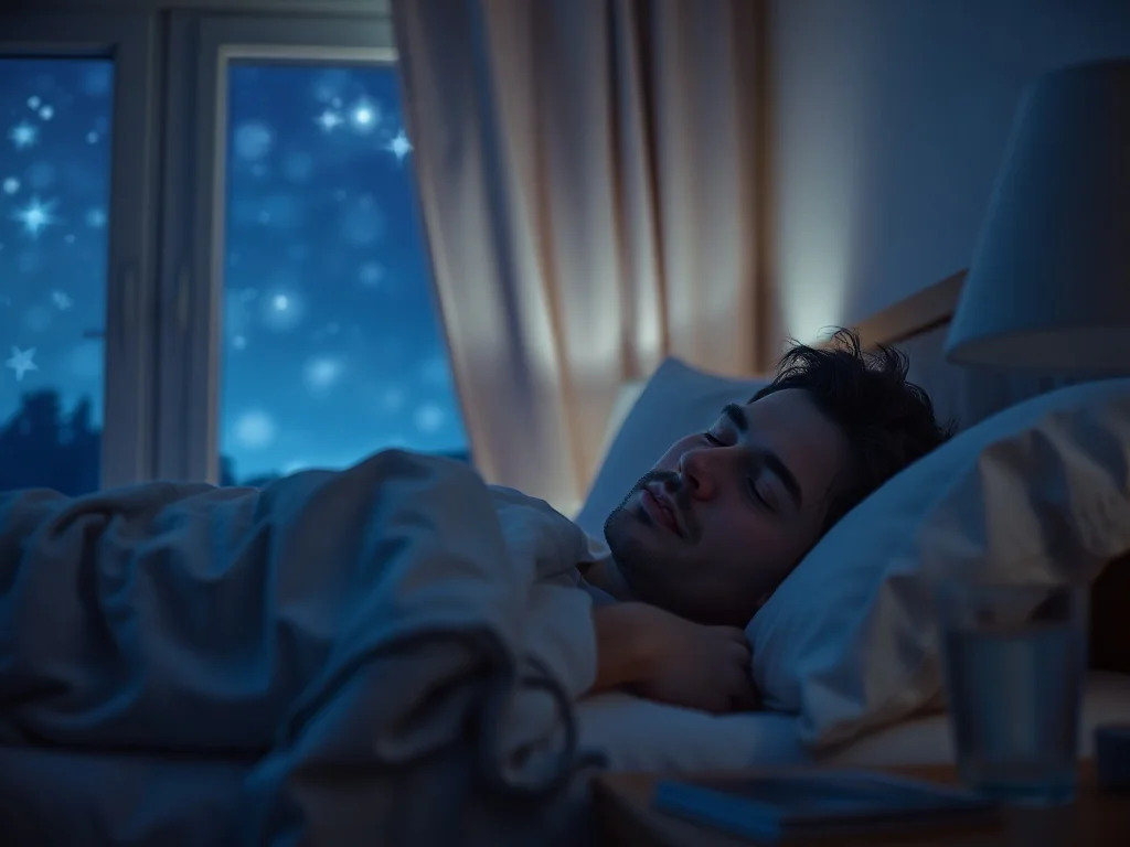 Spokojny mężczyzna śpiący w przytulnej sypialni nocą, co symbolizuje zdrowy i regenerujący sen.