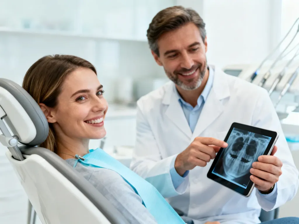 Dentysta omawia z uśmiechniętą pacjentką zdjęcie RTG na tablecie w nowoczesnym, jasnym gabinecie stomatologicznym.